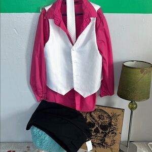 Boys 3 piece Suit. Vibrant Pink Shirt with White Vest and black pants w/tie